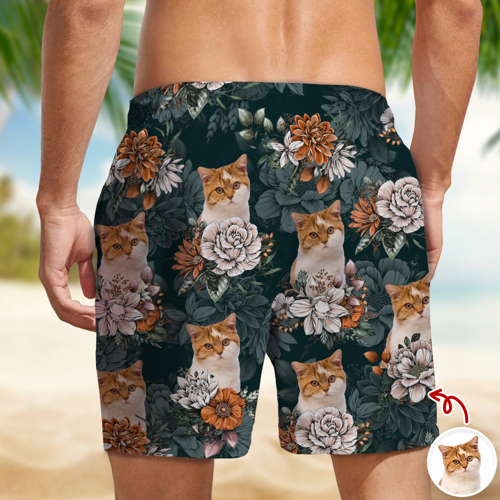 Custom Cat Photo Floral Aloha Pattern Beach Shorts - Gift for Cat Lovers HO82 902416