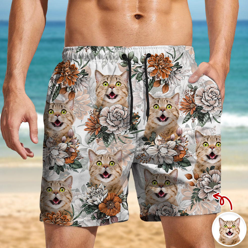 Custom Cat Photo Floral Aloha Pattern Beach Shorts - Gift for Cat Lovers HO82 902416