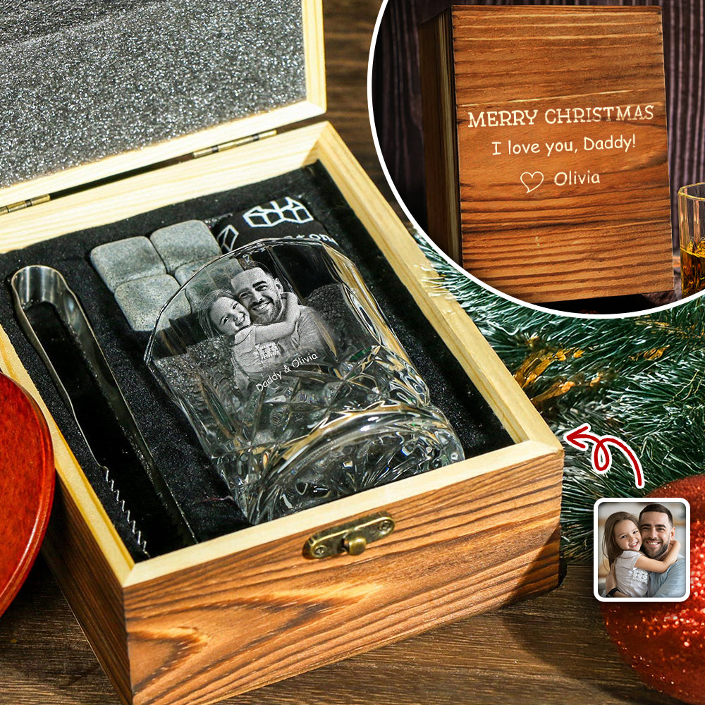 Custom Photo Merry Christmas I Love You Engraved Whiskey Glass Set with Wooden Box HA75 898032