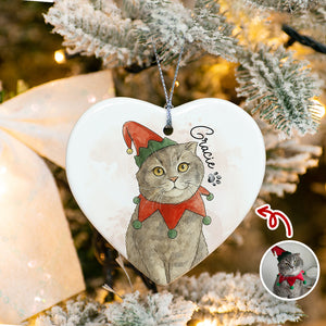 Custom Cat Photo Watercolor Potrait Keepsake Heart Shaped Ceramic Ornament LM32 895609