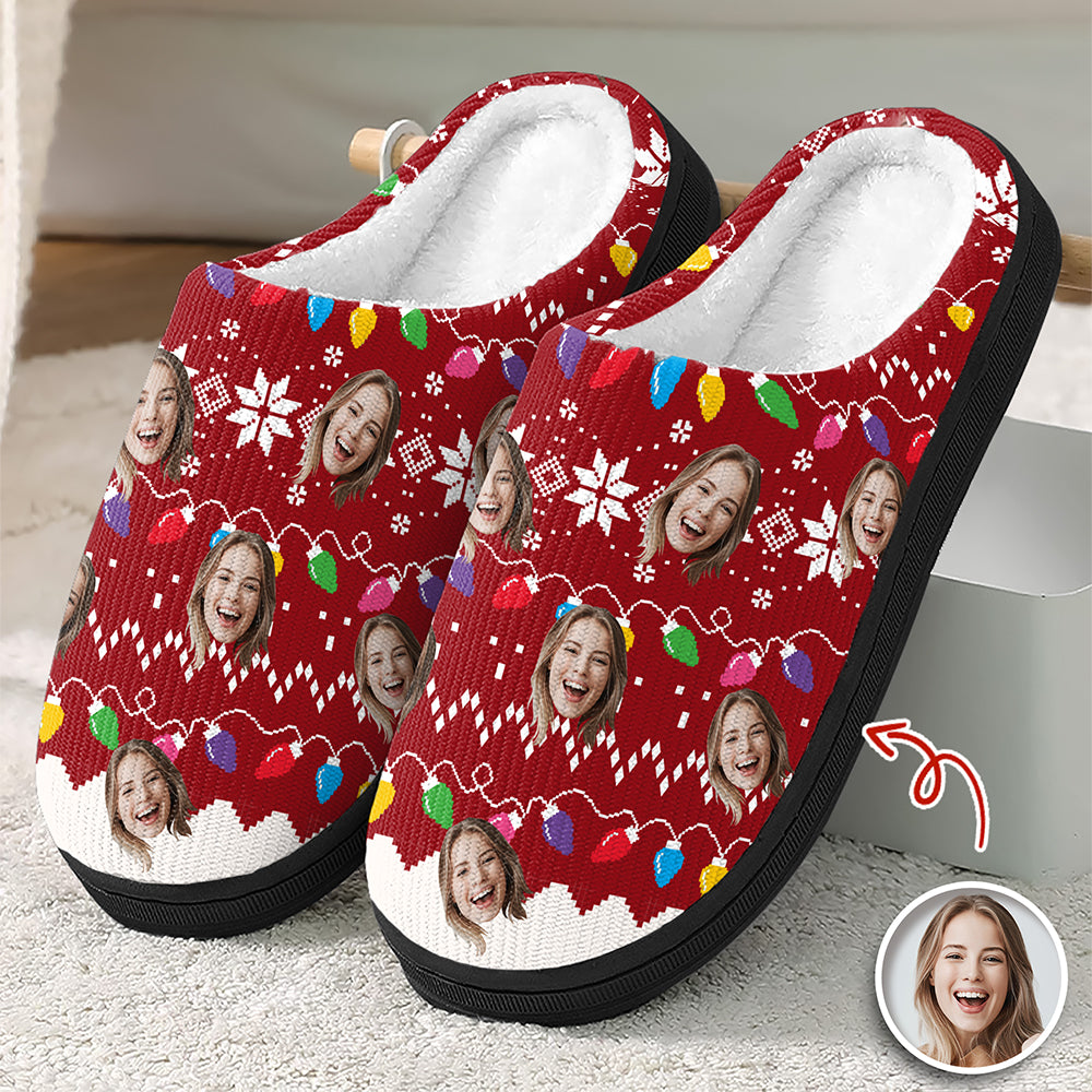 Custom Faces Funny Christmas Lights Plush Slippers HO82 900138