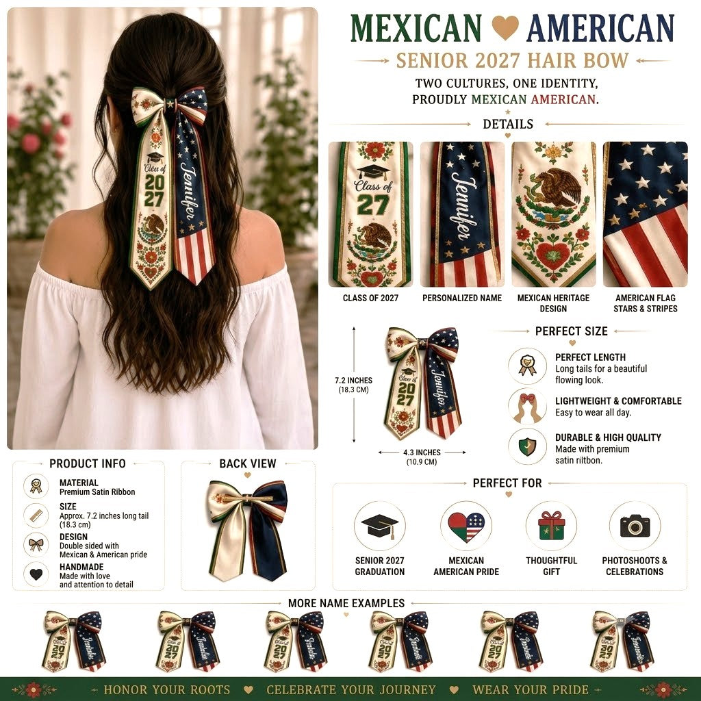Personalized Name Class of 2027 Mexican American Senior Ribbon Hair Bow LM32 669939