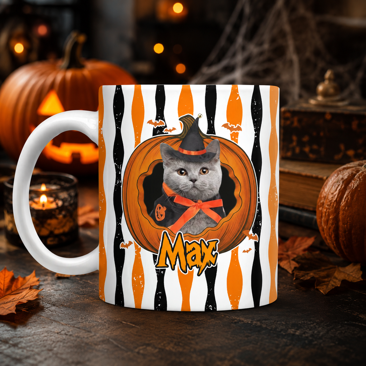 Custom Dog Cat Photo Halloween Pumpkin With Striped Pattern Mug HO82 903142