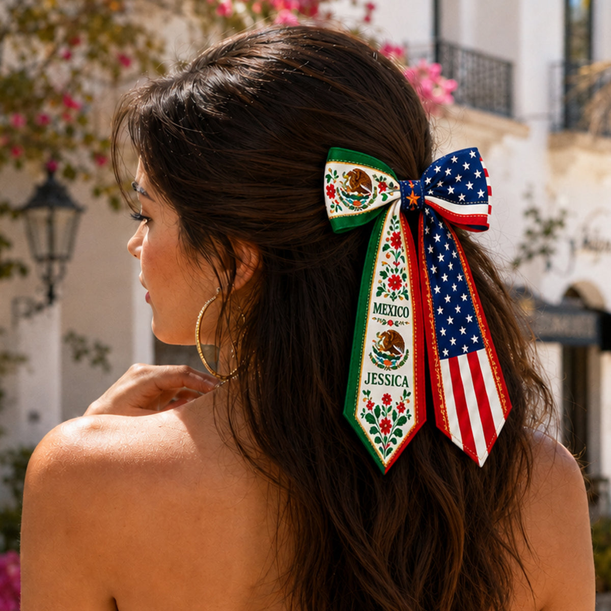 Personalized Name Mexico And US Flag Ribbon Hair Bow K228 903370
