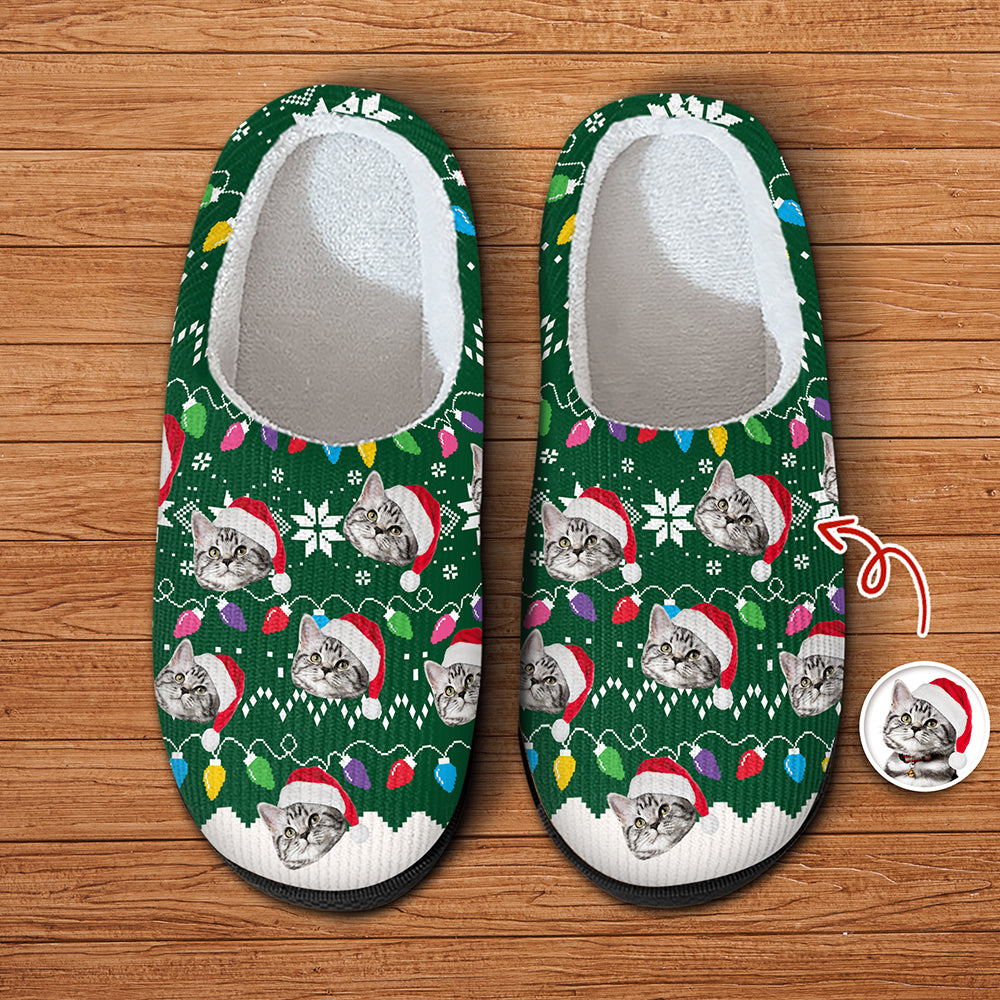 Custom Cat Faces Funny Christmas Lights Plush Slippers Gift For Cat Lovers HO82 900158