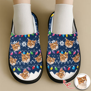 Custom Cat Faces Funny Christmas Lights Plush Slippers Gift For Cat Lovers HO82 900158
