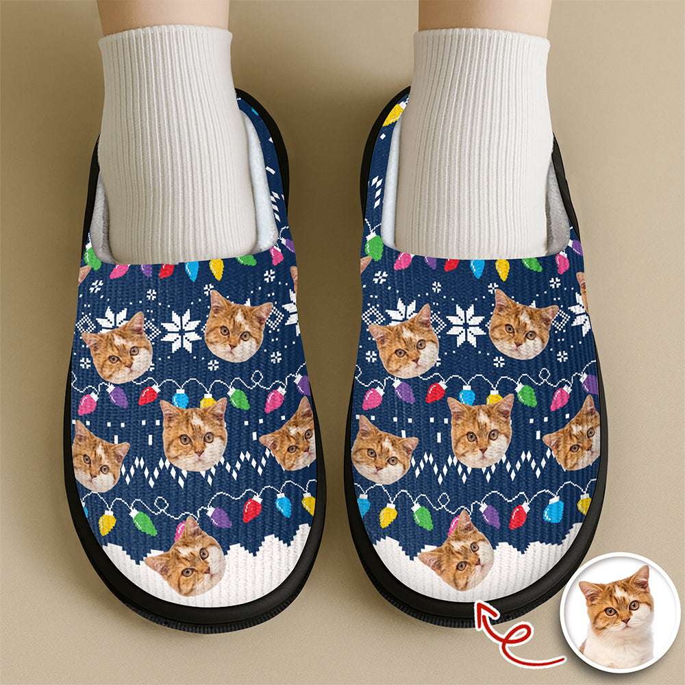 Custom Cat Faces Funny Christmas Lights Plush Slippers Gift For Cat Lovers HO82 900158