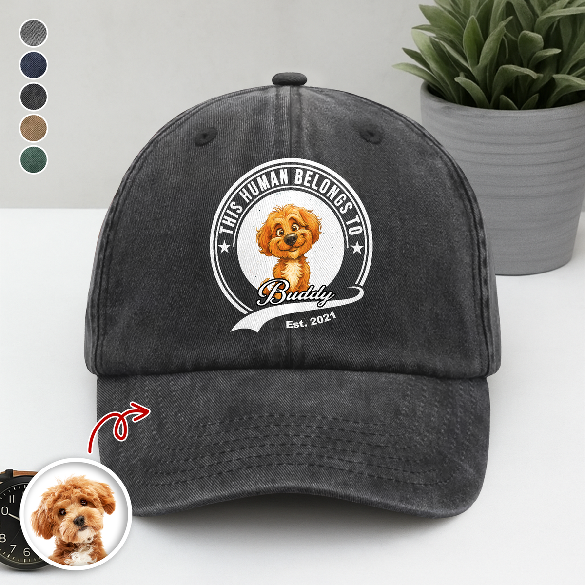 Custom Photo This Human Belongs To Dog Cat With Funny Caricature Style Washed Denim Baseball Cap For Dog And Cat Lovers HO82 894506