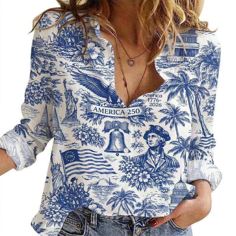 America 1776-2026 USA 250th Anniversary Toile De Jouy Style Patriotic Blouse Shirt CH07 911728