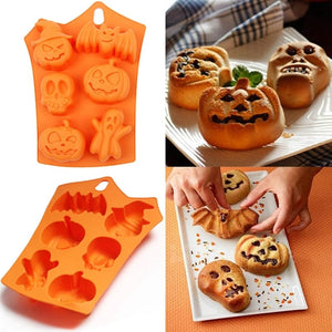 GeckoCustom 1pcs 6 Grids Pumpkin Bat Skull Ghost Shape Halloween Silicone Mold Candy Chocolate Pudding Mold for Halloween Party Decoration