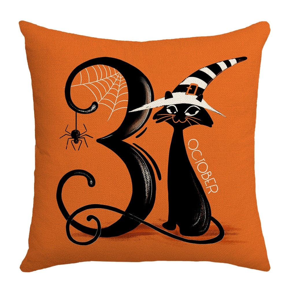 GeckoCustom 2023 Halloween Decoration Cushion Cover 18x18 Inches Linen Pillow Cover Cat Pumpkin Candy Print Pillowcases Couch Cushion Case 13 / 45x45cm