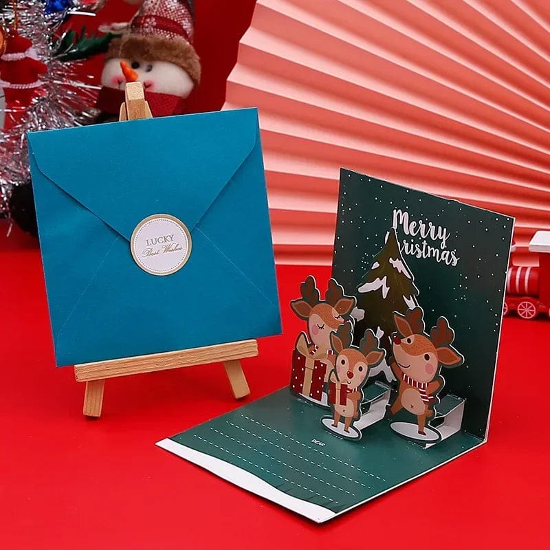 GeckoCustom 3D Pop Up Cartoon Christmas Card Merry Christmas Greeting Card Handwritten Blessing Invitation Cards Thanksgiving New Year Gifts 03-1PCS