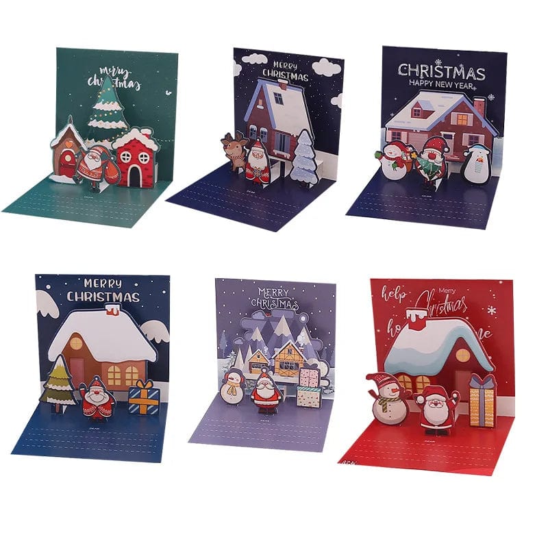 GeckoCustom 3D Pop Up Cartoon Christmas Card Merry Christmas Greeting Card Handwritten Blessing Invitation Cards Thanksgiving New Year Gifts 6PCS Set2