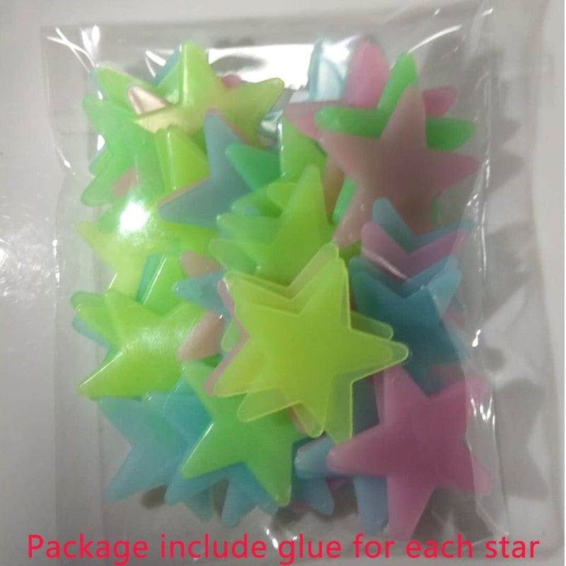 GeckoCustom 50pcs 3D Stars Glow In The Dark Wall Stickers Luminous Fluorescent Pvc Wall Art Decals For Kids Bedroom Ceiling Home Decoration Colors in Random