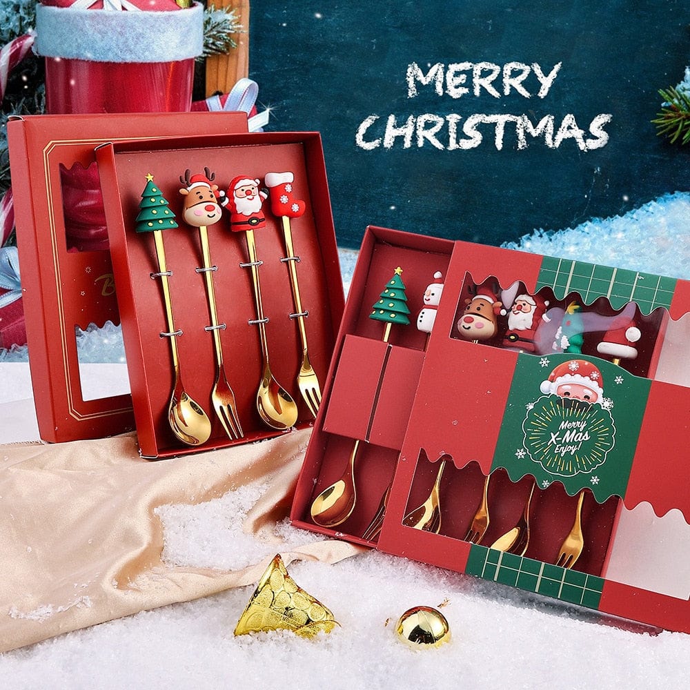 GeckoCustom 6/4/2PCS Christmas Gift Glod Spoon Fork Set Elk Christmas Tree Decoration Dessert Scoop Fruit Fork Coffee Spoon Cutlery Set