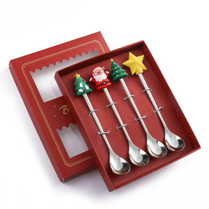 GeckoCustom 6/4/2PCS Christmas Gift Glod Spoon Fork Set Elk Christmas Tree Decoration Dessert Scoop Fruit Fork Coffee Spoon Cutlery Set 4PCS-Silver-A1