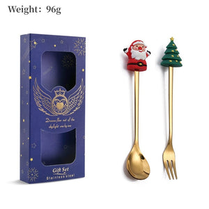 GeckoCustom 6/4/2PCS Christmas Gift Glod Spoon Fork Set Elk Christmas Tree Decoration Dessert Scoop Fruit Fork Coffee Spoon Cutlery Set 2PCS-Gold-D1