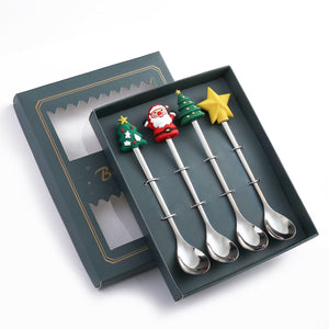 GeckoCustom 6/4/2PCS Christmas Gift Glod Spoon Fork Set Elk Christmas Tree Decoration Dessert Scoop Fruit Fork Coffee Spoon Cutlery Set 4PCS-Silver-B1