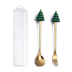 GeckoCustom 6/4/2PCS Christmas Gift Glod Spoon Fork Set Elk Christmas Tree Decoration Dessert Scoop Fruit Fork Coffee Spoon Cutlery Set 2PCS-Gold-E3