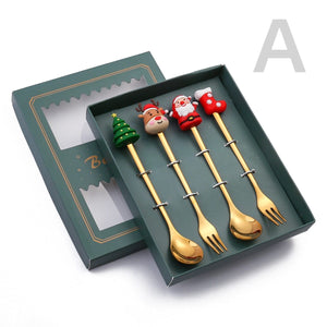 GeckoCustom 6/4/2PCS Christmas Gift Glod Spoon Fork Set Elk Christmas Tree Decoration Dessert Scoop Fruit Fork Coffee Spoon Cutlery Set 4PCS-Gold-B3