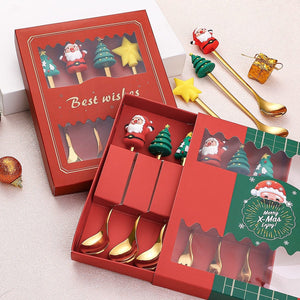 GeckoCustom 6/4/2PCS Christmas Gift Glod Spoon Fork Set Elk Christmas Tree Decoration Dessert Scoop Fruit Fork Coffee Spoon Cutlery Set