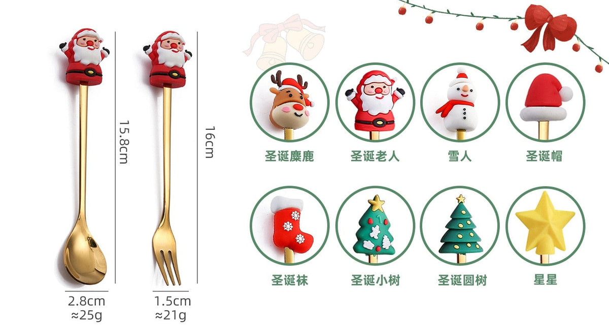 GeckoCustom 6/4/2PCS Christmas Gift Glod Spoon Fork Set Elk Christmas Tree Decoration Dessert Scoop Fruit Fork Coffee Spoon Cutlery Set