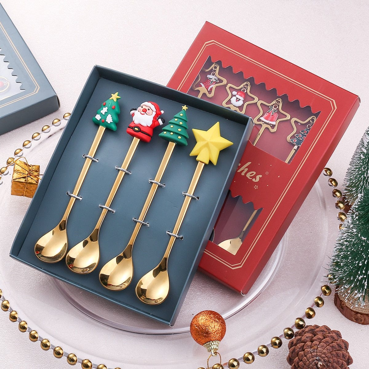 GeckoCustom 6/4/2PCS Christmas Gift Glod Spoon Fork Set Elk Christmas Tree Decoration Dessert Scoop Fruit Fork Coffee Spoon Cutlery Set