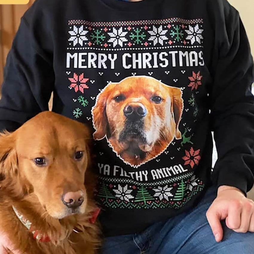 GeckoCustom Add Photo Ugly Christmas Ya Filthy Animal Dog Cat Sweatshirt, Dog Lover Sweater Christmas DA199 889811 Sweatshirt (Favorite) / S Black / S