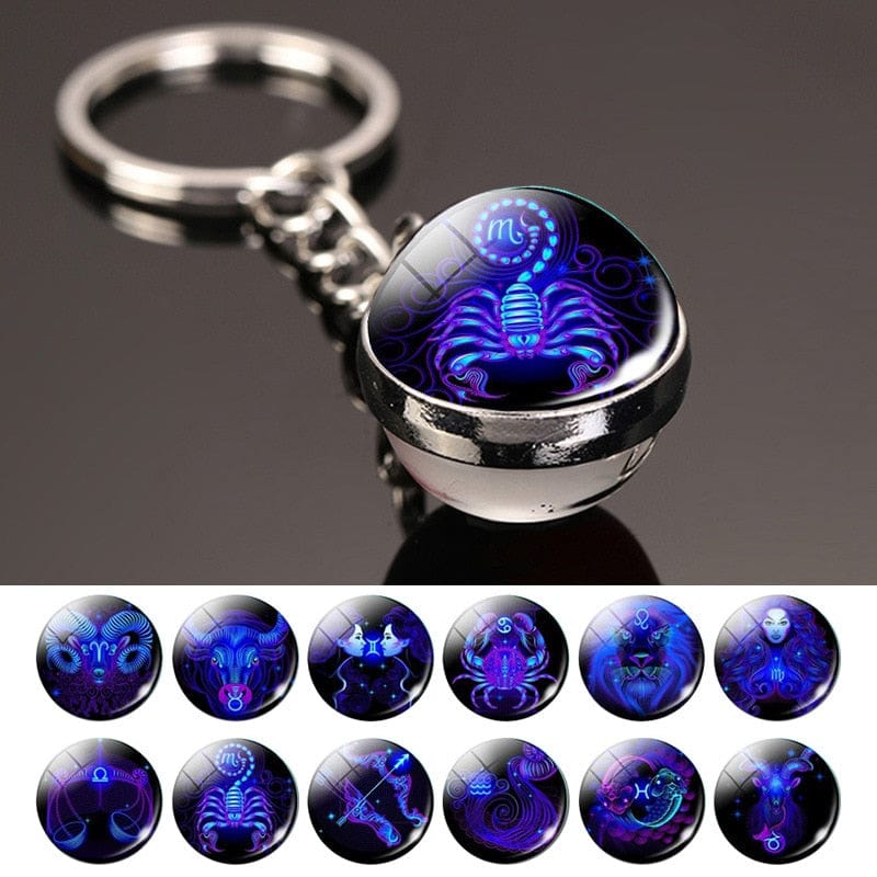 GeckoCustom Creative 12 Constellation Key Ring Time Stone Double-Sided Glass Ball Metal Keychain Pendant Key Chain Accessories Fashion Gift