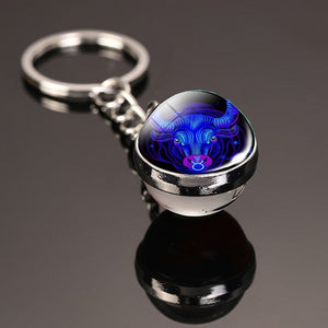 GeckoCustom Creative 12 Constellation Key Ring Time Stone Double-Sided Glass Ball Metal Keychain Pendant Key Chain Accessories Fashion Gift Taurus luminous