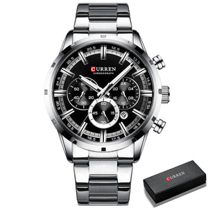 GeckoCustom CURREN Men Watch Top Brand Luxury Sports Quartz Mens Watches Full Steel Waterproof Chronograph Wristwatch Men Relogio Masculino Silver Black Box / China