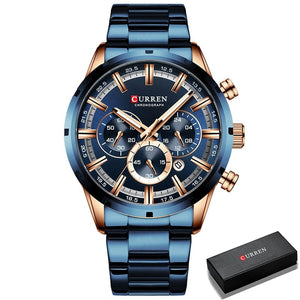 GeckoCustom CURREN Men Watch Top Brand Luxury Sports Quartz Mens Watches Full Steel Waterproof Chronograph Wristwatch Men Relogio Masculino Rose Gold Blue Box / China