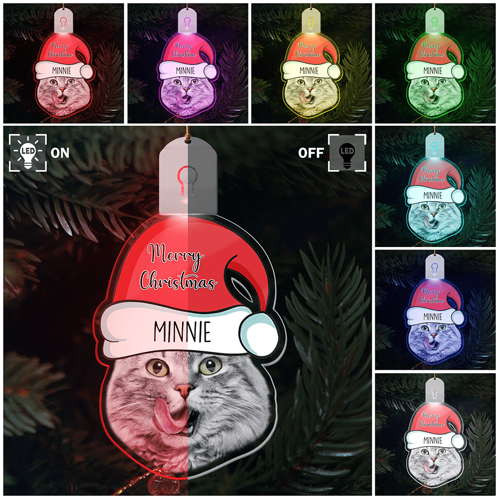 GeckoCustom Custom Cat Face Photo With Santa Hat Christmas Acrylic LED Ornament TH10 892147 3 inches