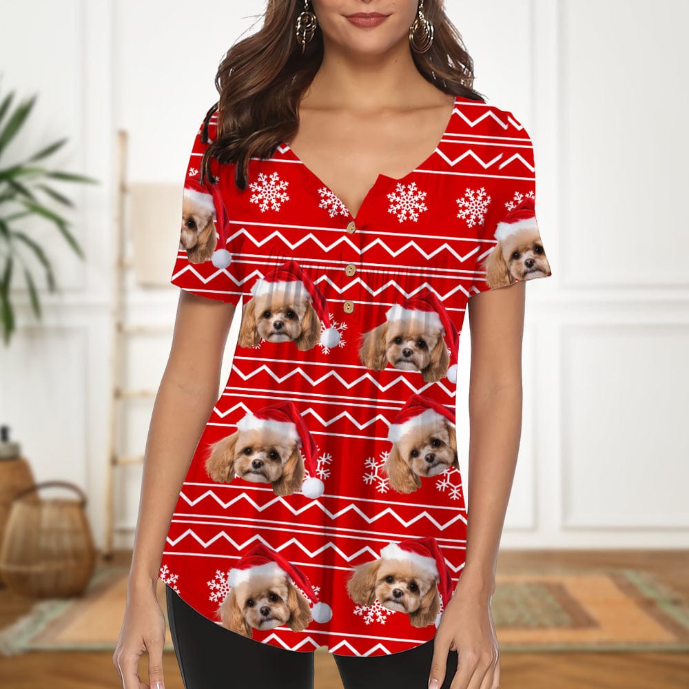 GeckoCustom Custom Cat Photo Christmas Pajamas Women V Neck Blouse Shirt TH10 892033