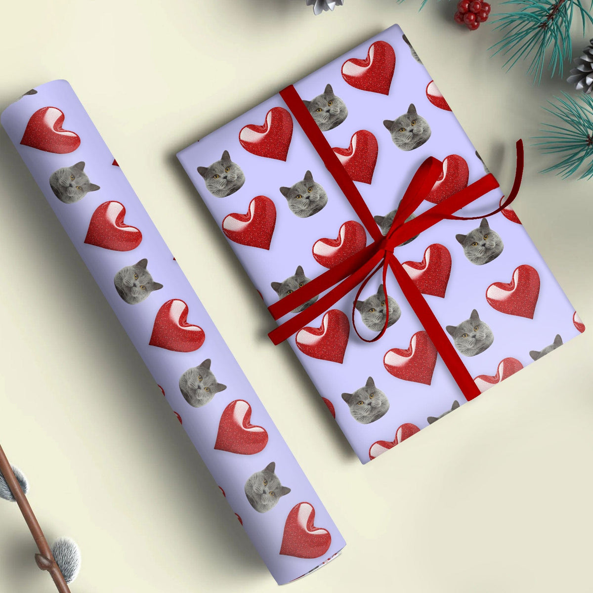 GeckoCustom Custom Cat Photo Heart Loving Wrapping Paper For Cat Lovers LM32 891995