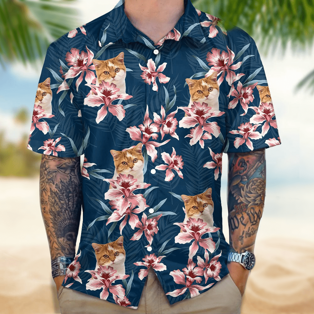 GeckoCustom Custom Cat Photo Lily Flowers Design Hawaii Shirt N304 889305