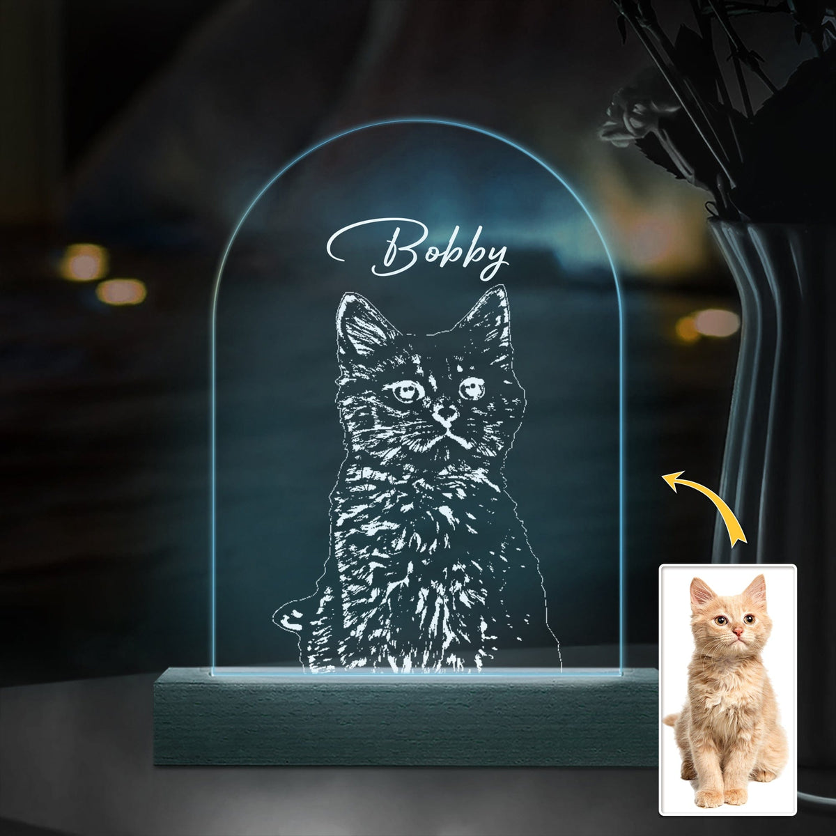 GeckoCustom Custom Cat Photo Pencil Drawing With Name For Cat Lovers Acrylic Plaque LED Night Light LM32 893031 Acrylic / 7.9"x4.5"