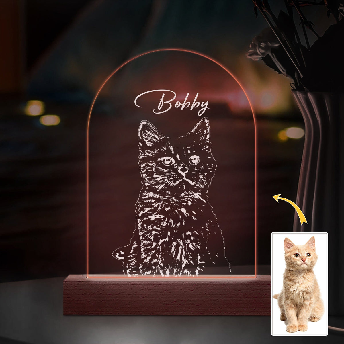 GeckoCustom Custom Cat Photo Pencil Drawing With Name For Cat Lovers Acrylic Plaque LED Night Light LM32 893031 Acrylic / 7.9"x4.5"