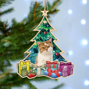 GeckoCustom Custom Cat Photo Under Christmas Tree Wooden Ornament N304 889899