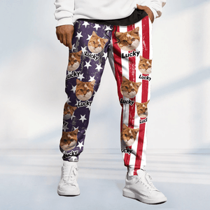 GeckoCustom Custom Cat Photo With Flag USA Grunge Background Sweatpants N369 889842