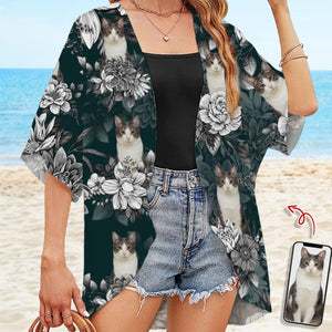 GeckoCustom Custom Cat Photo With Flower Pattern Woman Kimono N304 889478