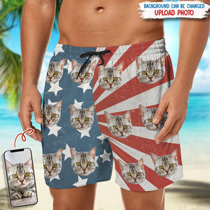 GeckoCustom Custom Cat Photo With US Flag Beach Short N304 889226