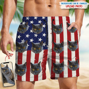 GeckoCustom Custom Cat Photo With US Flag Beach Short N304 889226