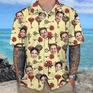 GeckoCustom Custom Couple Photo Roses Heart Shaped Key Valentines Hawaii Shirt LM32 893013