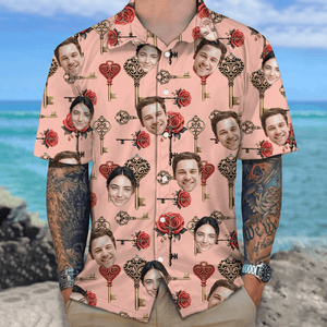 GeckoCustom Custom Couple Photo Roses Heart Shaped Key Valentines Hawaii Shirt LM32 893013