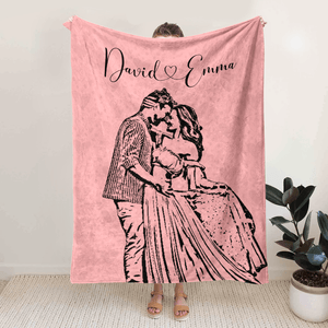 GeckoCustom Custom Couple Photo with Name Pencil Drawing Blanket For Couple LM32 893023