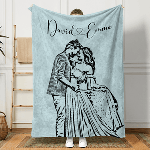 GeckoCustom Custom Couple Photo with Name Pencil Drawing Blanket For Couple LM32 893023