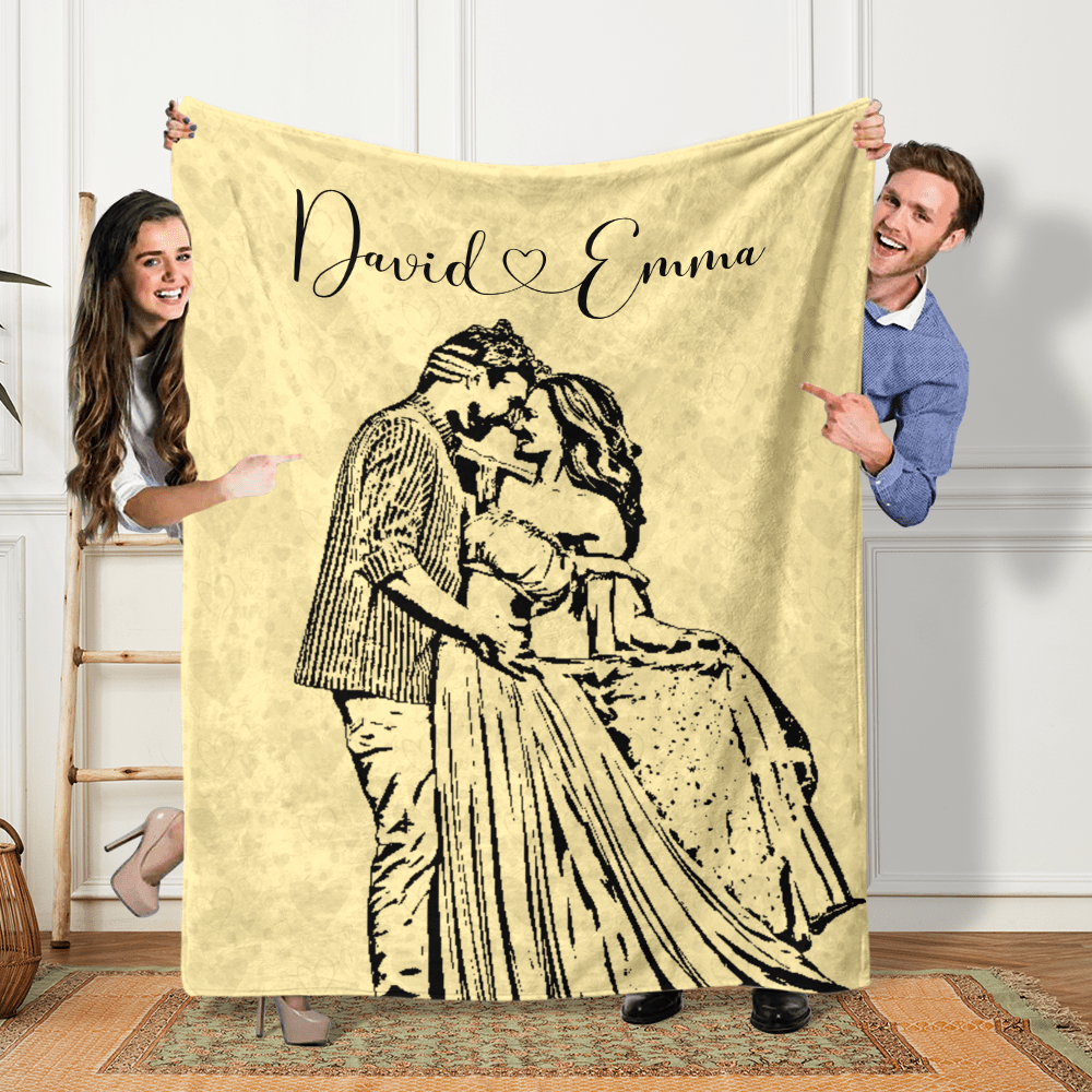 GeckoCustom Custom Couple Photo with Name Pencil Drawing Blanket For Couple LM32 893023