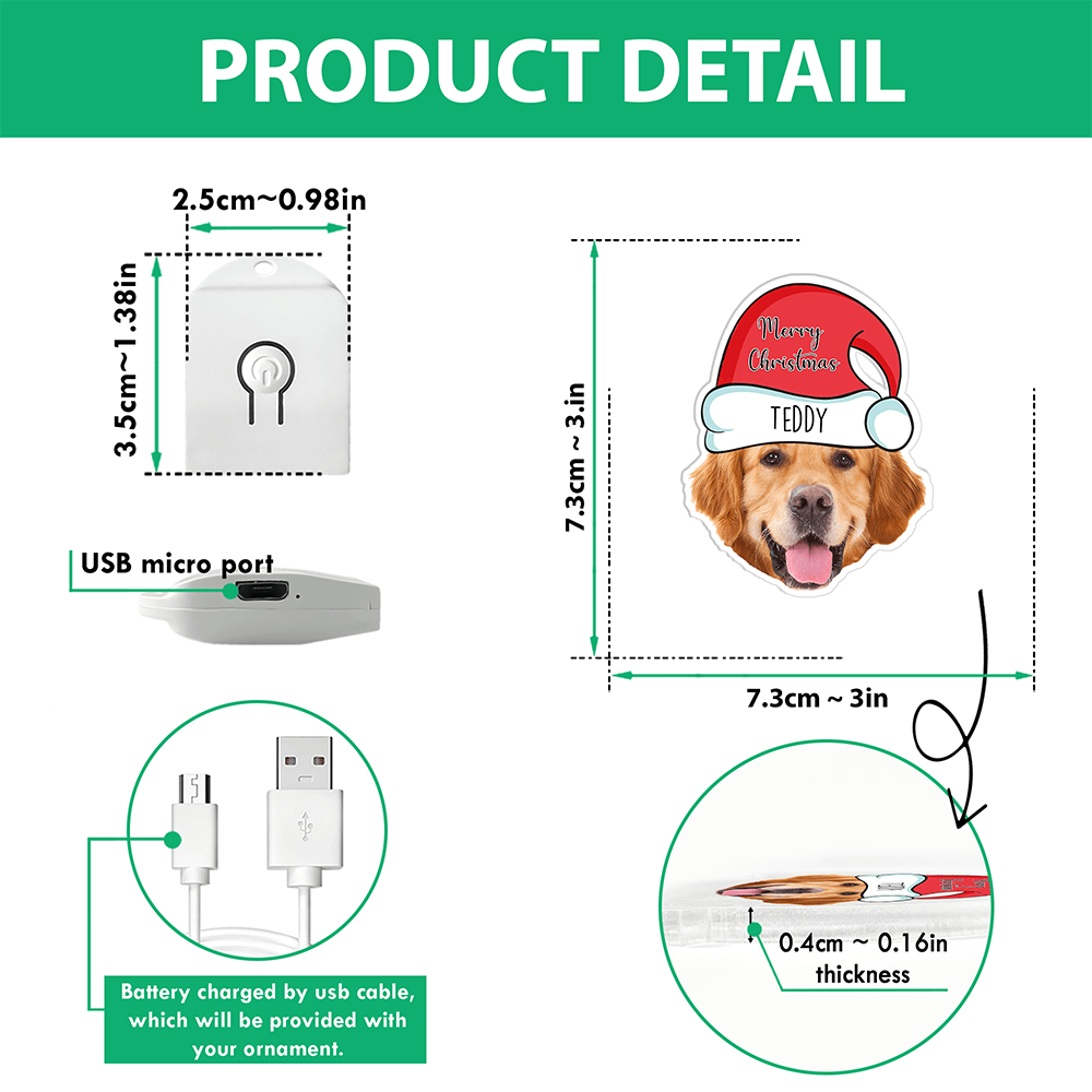 GeckoCustom Custom Dog Face Photo With Santa Hat Christmas Acrylic LED Ornament TH10 892145 3 inches