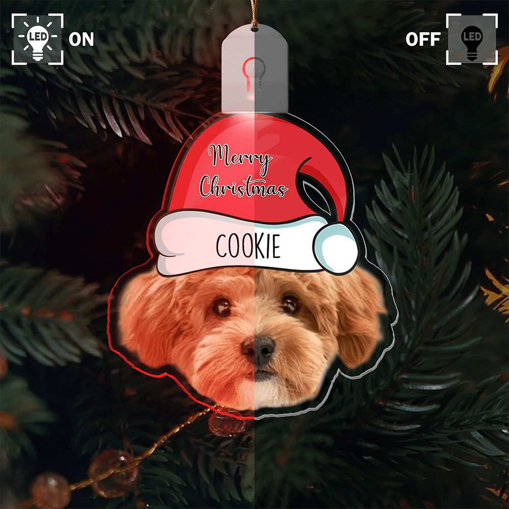 GeckoCustom Custom Dog Face Photo With Santa Hat Christmas Acrylic LED Ornament TH10 892145 3 inches